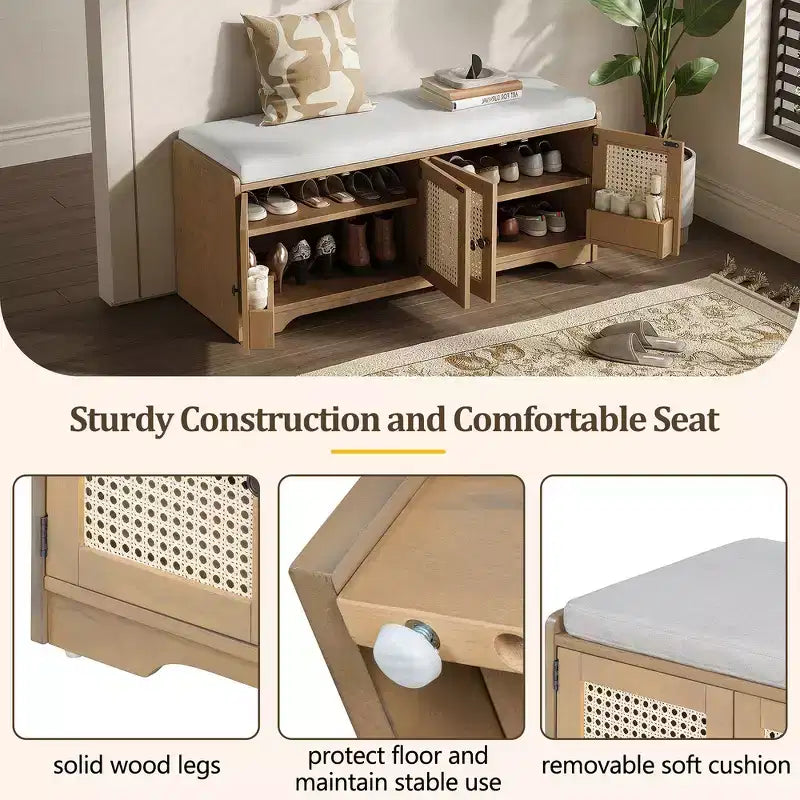 Banc de rangement rustique en bois Whisen, banc à chaussures d'entrée avec coussin amovible, étagères réglables