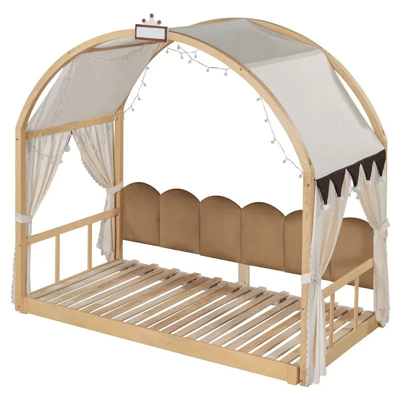 Lit cabane Montessori en bois massif avec plateforme, toit voûté et lit gigogne pour filles et garçons