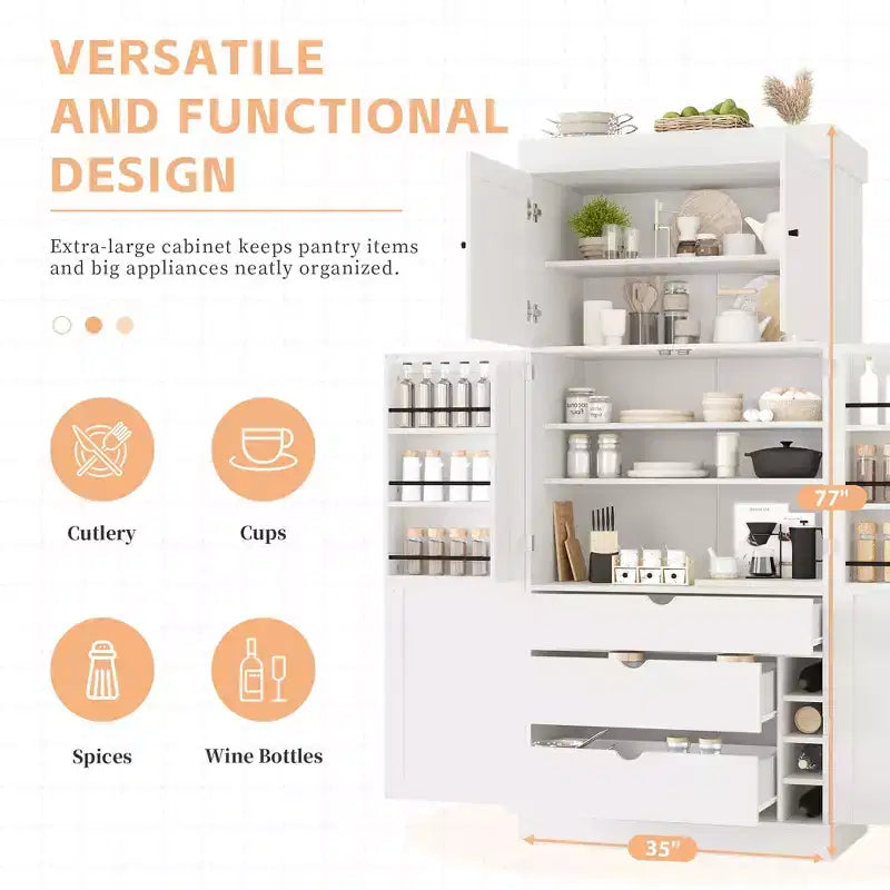 Garde-manger de cuisine autoportant 77H, armoire de rangement de style ferme avec étagères réglables, étagères de porte, tiroirs et casiers à vin - ModernLuxe