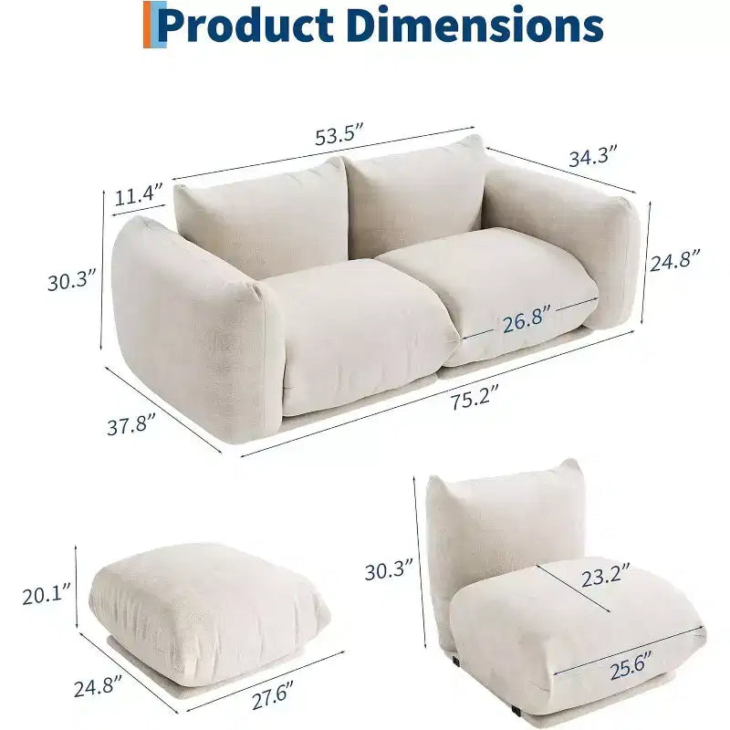 Canapé d'amour modulaire en tissu chenille, canapé nuage 2 places avec éponge haute résilience, canapé sans armature pour petit espace
