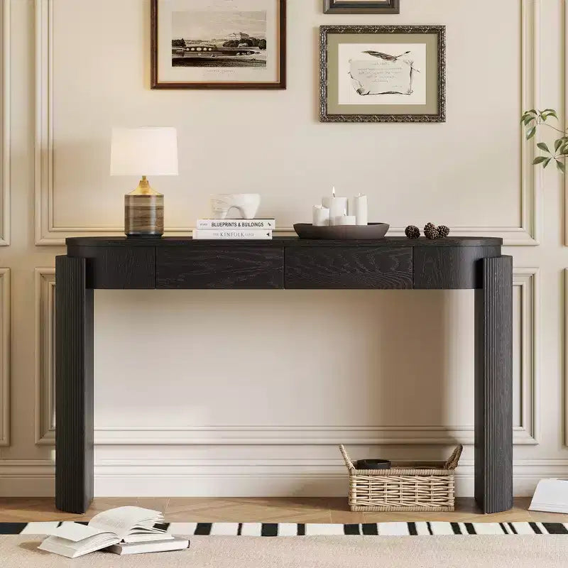 Console Merax moderne avec plateau ovale, pieds cannelés courbés et deux tiroirs dissimulés