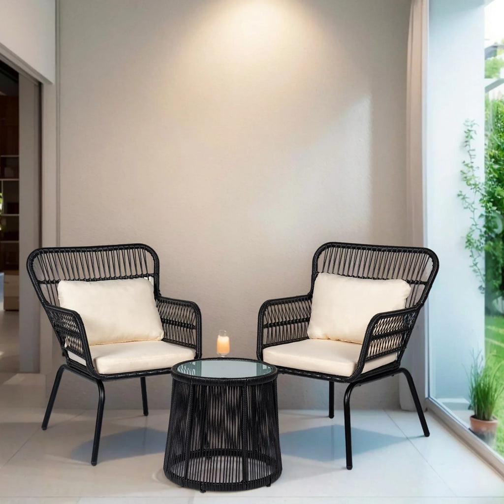 Ensemble bistrot 3 pièces en osier pour conversation, salon de jardin en rotin résistant aux intempéries avec coussins