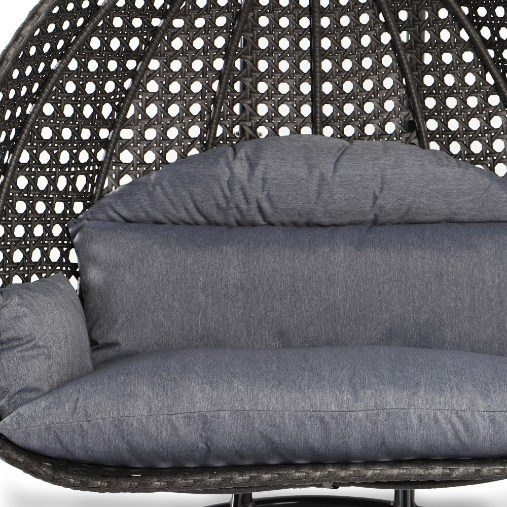 LeisureMod Fauteuil suspendu œuf 2 places avec support - Balançoire / hamac de patio en rotin osier pour extérieur/intérieur avec coussins