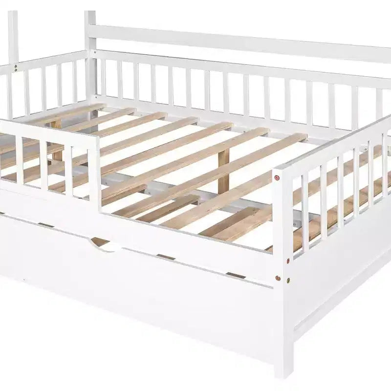 Acekool Lit cabane grandeur nature avec lit gigogne double, tiroirs de rangement et étagères, toit et clôture, lit plateforme pour enfants, blanc