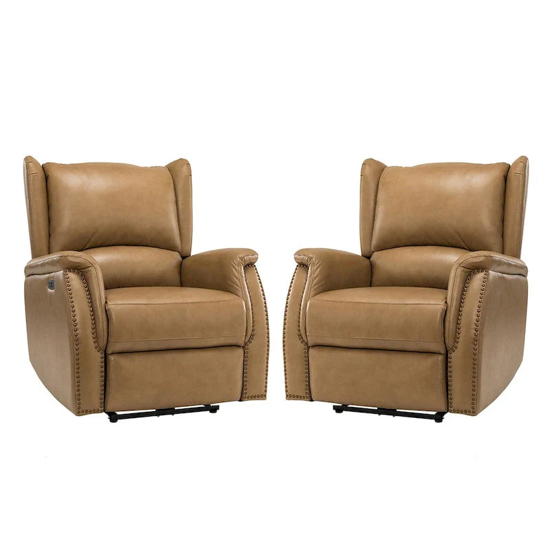 Fauteuil inclinable électrique en cuir véritable avec port USB – Ensemble de 2 fauteuils à oreilles cloutés