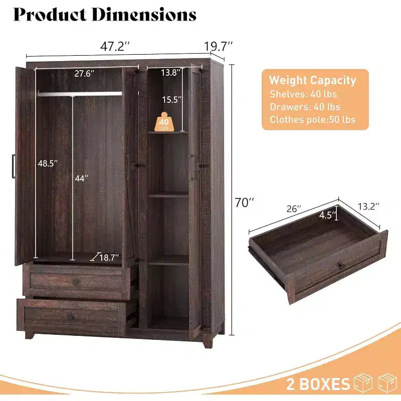 AMERLIFE Armoire de garde-robe de ferme 47 avec 3 portes, 2 tiroirs, tringle à vêtements et étagères réglables, organisateur de placard autoportant