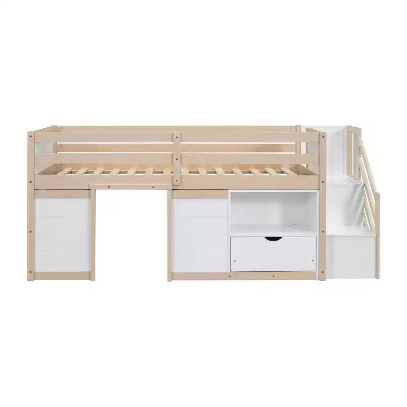 Lit mezzanine jumeau Okak en bois massif avec escalier et rangement, lits superposés jumeaux à profil bas avec tiroirs et étagères, lits mezzanine multifonctionnels pour enfants et adolescents