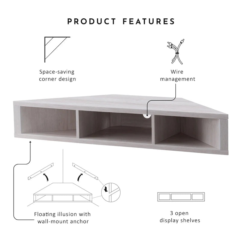 Meuble TV d'angle flottant de 119 cm, 3 étagères, style transitionnel, fixation murale gain de place