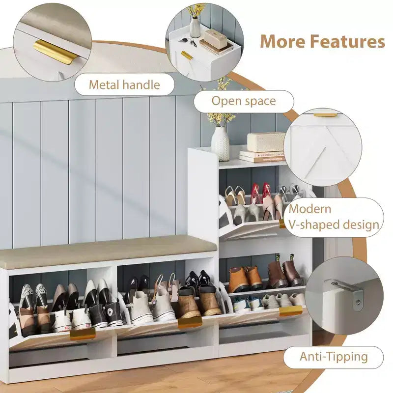 Banc de rangement pour chaussures avec 5 tiroirs rabattables et étagère étagée, meuble à chaussures pour 18 paires avec siège rembourré, étagère à chaussures étroite pour entrée et couloir