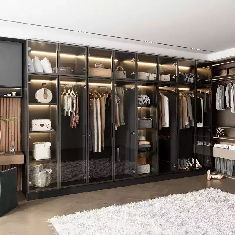 Armoire de luxe Hitow Pure Black avec portes en verre trempé, armoire LED 3 couleurs, organisateur de placard de chambre du sol au plafond, placard de dressing