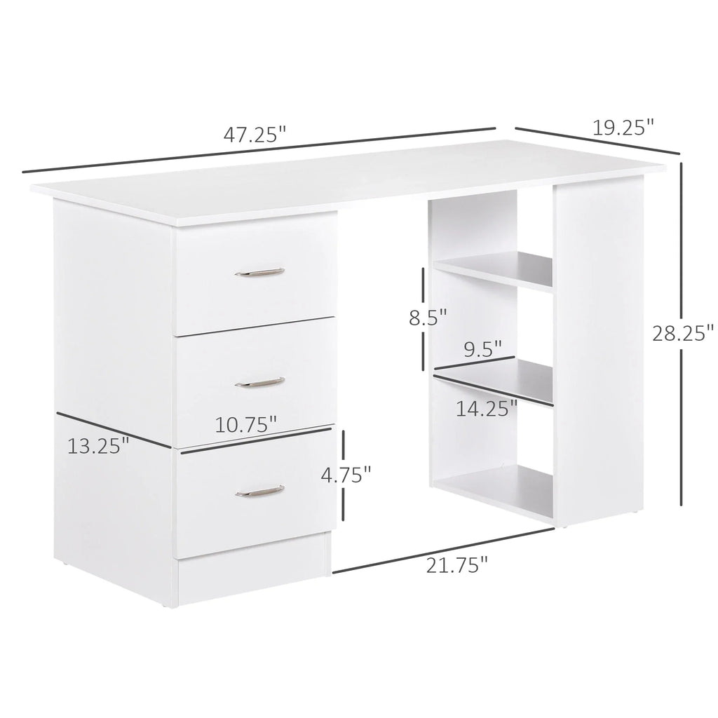 HOMCOM Bureau d'ordinateur moderne 47" pour la maison et le bureau, combo bibliothèque, table d'écriture, poste de travail avec 3 tiroirs et étagère de rangement - Blanc