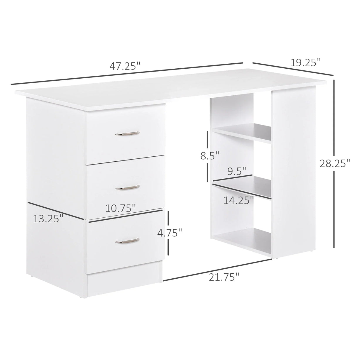 HOMCOM Bureau d'ordinateur moderne 47" pour la maison et le bureau, combo bibliothèque, table d'écriture, poste de travail avec 3 tiroirs et étagère de rangement - Blanc