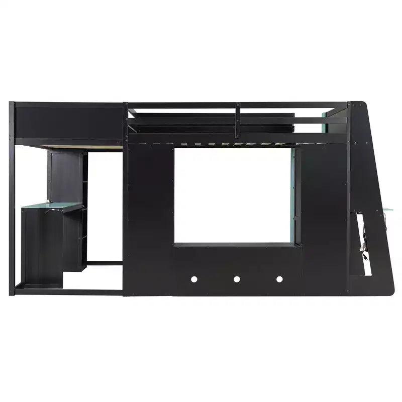 Lit mezzanine de jeu en L avec bureaux, lits superposés doubles avec lumières LED, ports USB, étagères de rangement, lit mezzanine d'angle en bois pour 2 personnes