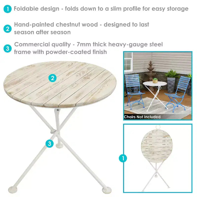 Table de bistrot ronde pliante Sunnydaze en bois de châtaignier style campagne française - 28 po - Blanc