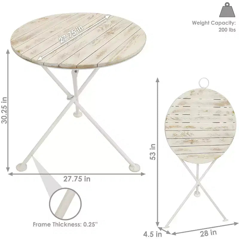 Table de bistrot ronde pliante Sunnydaze en bois de châtaignier style campagne française - 28 po - Blanc