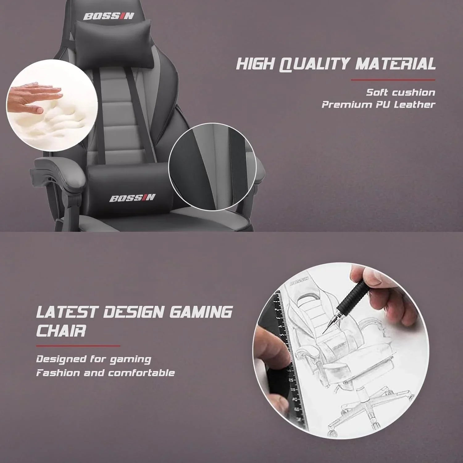 Chaise de jeu style course BOSSIN, fauteuil gamer grande taille 300 lb, chaise d'ordinateur à dossier haut