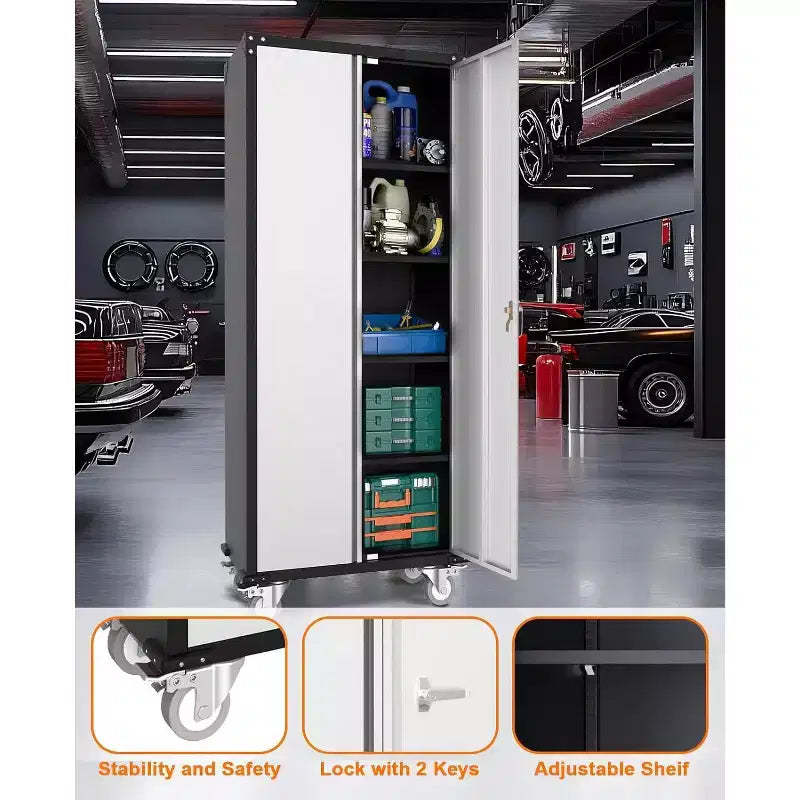 Armoire de rangement de garage avec roues et panneau perforé, armoire de rangement métallique verrouillable de 72 po de hauteur avec 2 portes et 4 étagères réglables pour atelier de garage