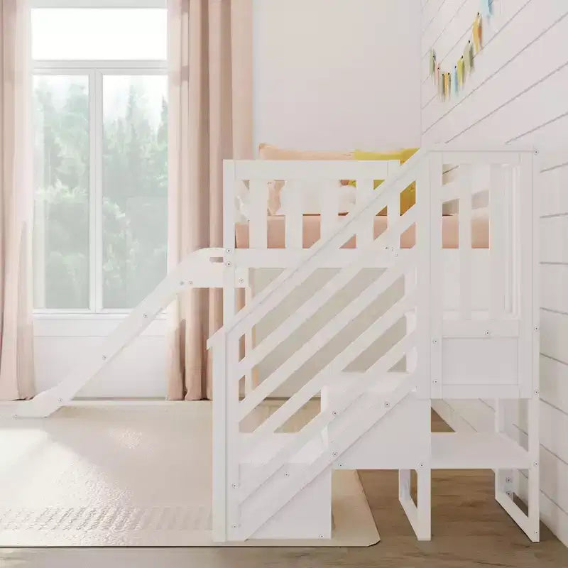 Lit bas mezzanine simple pour enfants avec toboggan et escalier, bois massif, 14 barrières de sécurité, capacité de 180 kg