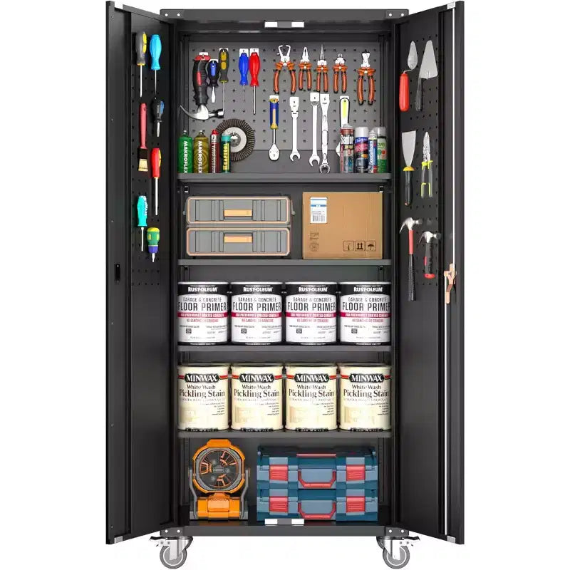 Armoire de rangement de garage avec roues et panneau perforé, armoire de rangement métallique verrouillable de 72 po de hauteur avec 2 portes et 4 étagères réglables pour atelier de garage
