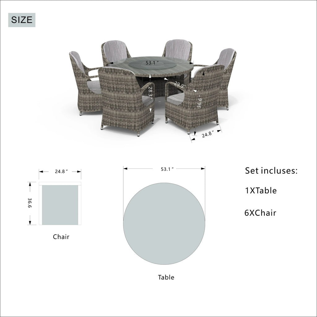 Ensemble de salle à manger rond 7 pièces en rotin tressé d'extérieur avec coussins par Moda Furnishings