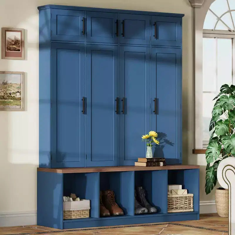 Le porte-manteau bleu Misty Moon Farmhouse avec 4 crochets dissimulés et banc polyvalent en noyer avec 8 portes