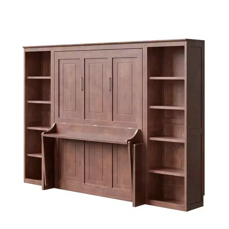 Lit escamotable grand lit/deux places avec bureau et étagère, brun foncé - ModernLuxe