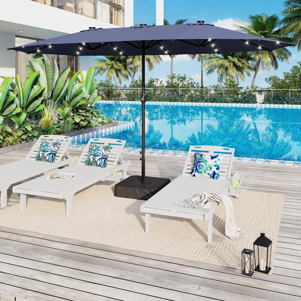 Parasol de marché extérieur rectangulaire de 4,5 m avec manivelle, double face, lumières LED solaires et base incluse