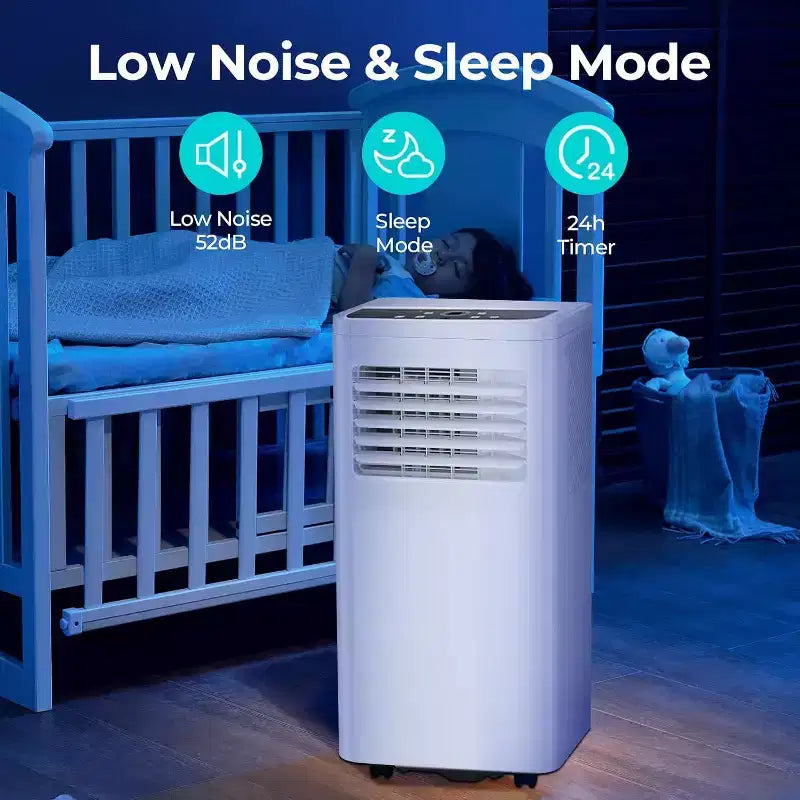 Climatiseur portable 8 000 BTU, unité 3-en-1 avec 4 modes, minuterie, écran LED, télécommande et kit d'installation, pour chambre/salon/bureau, Blanc.