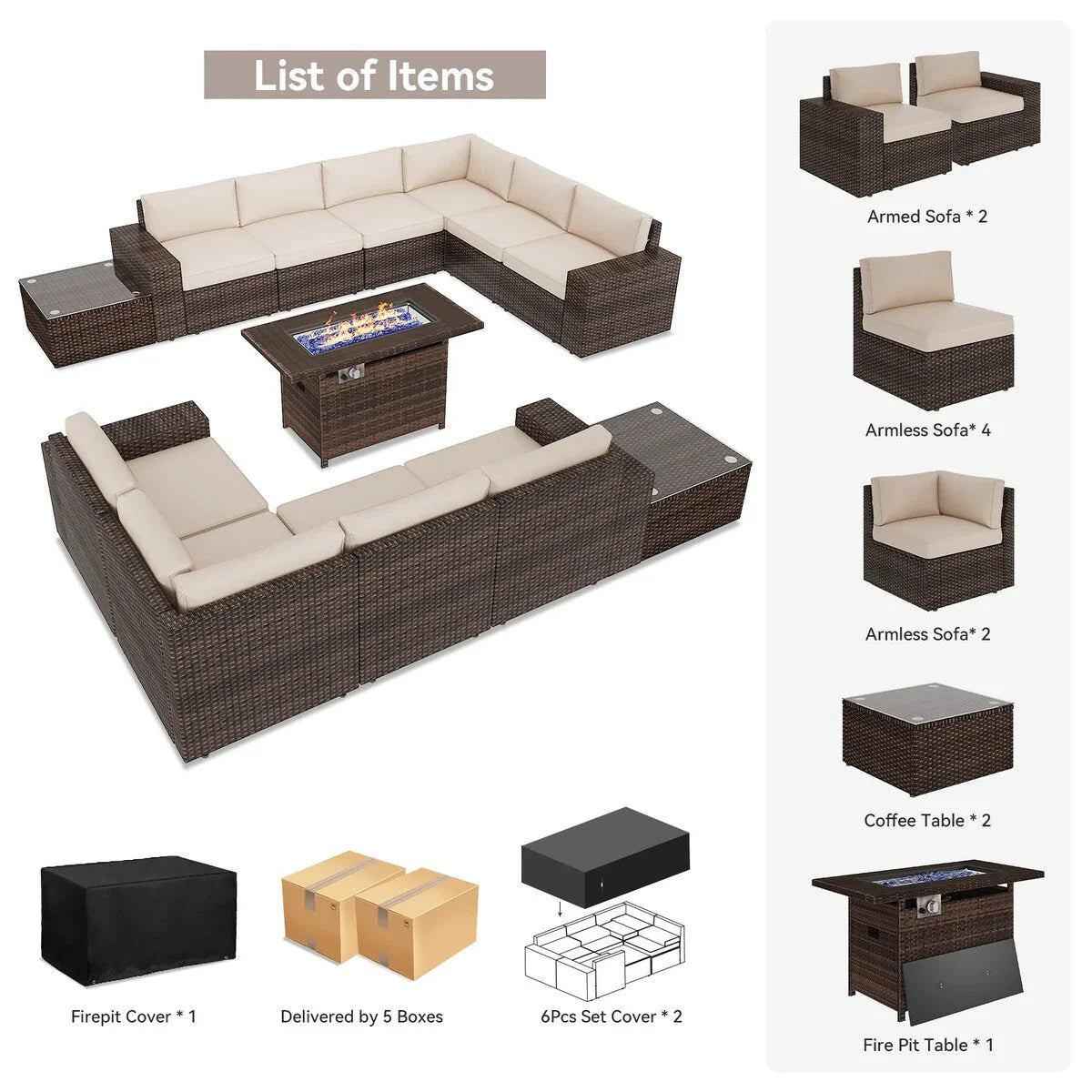 Ensemble de mobilier de jardin 13 pièces avec table brasero de 44 pouces