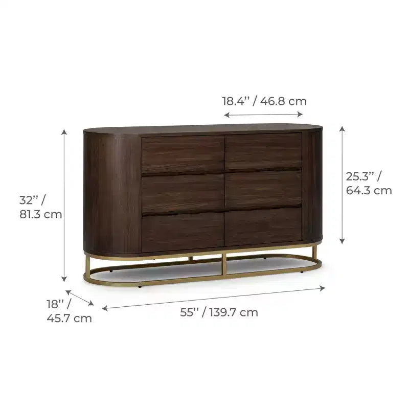Commode moderne à 6 tiroirs avec plateau Live Edge, piètement en métal et construction en bois mélangé durable