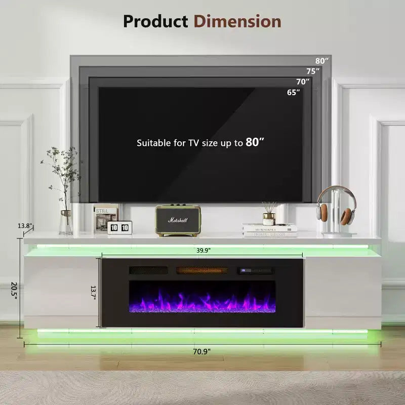 Meuble TV Skyzoo avec foyer électrique intégré, pour téléviseurs jusqu'à 80 pouces, avec lumières LED et 4 prises CA, console TV pour salon