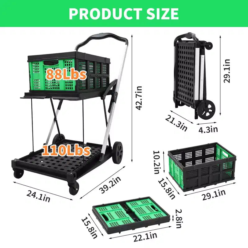 Chariots de courses pliants à 2 niveaux pour l'épicerie, capacité de 90 kg, chariot d'épicerie pliable portable avec roues et caisse amovible pour centre commercial, bleu