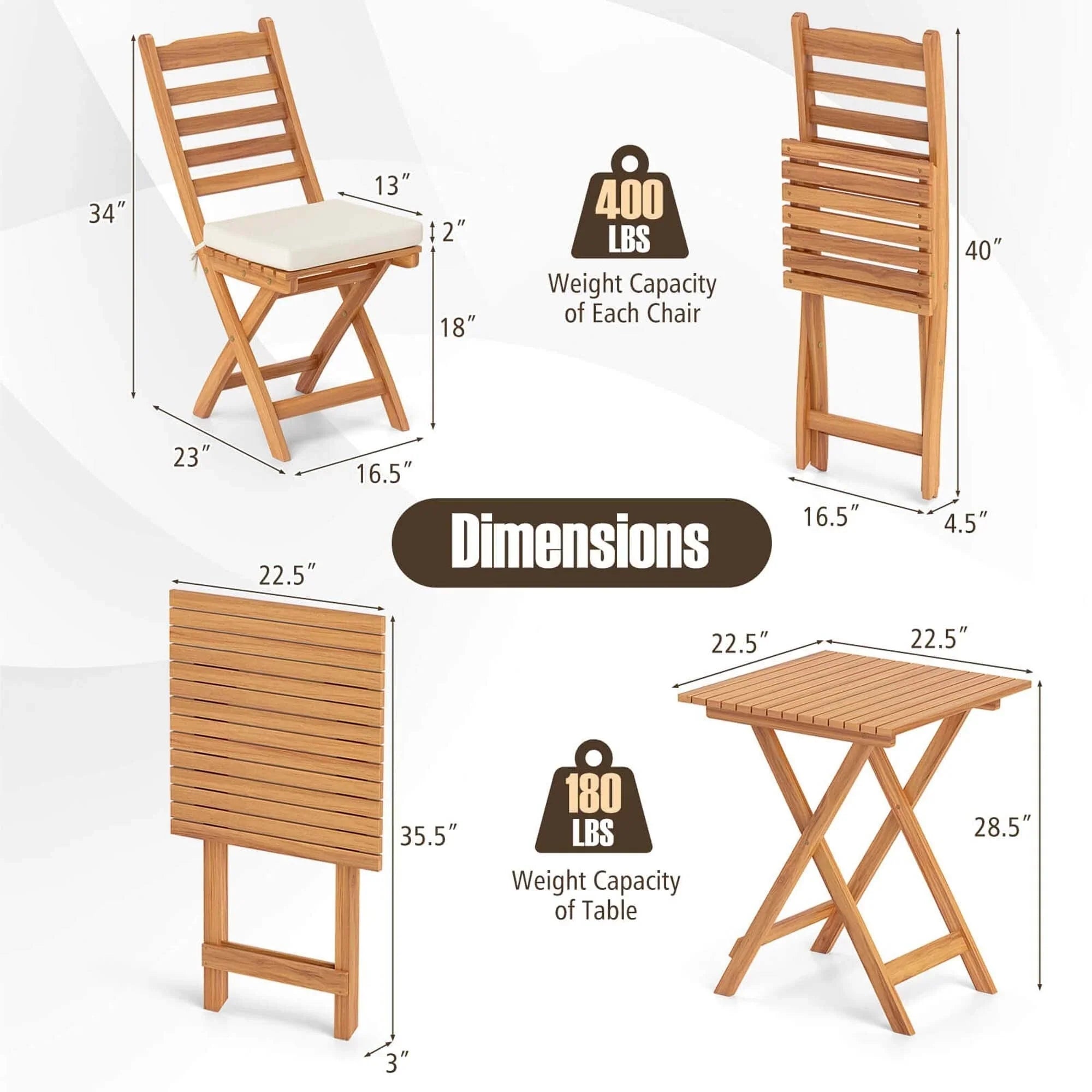 Ensemble bistrot pliant 3 pièces Patiojoy avec coussins de siège amovibles - Voir les détails