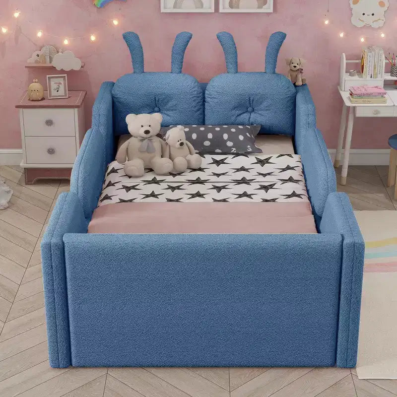 Lit plateforme double Whisen, cadre de lit rembourré pour enfants avec coussin lapin, barrières latérales amovibles