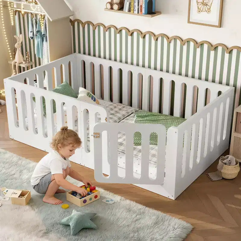 Lit Montessori Jumeau Blanc au Sol avec Barrières et Porte – Bois Massif, 1 Enfant