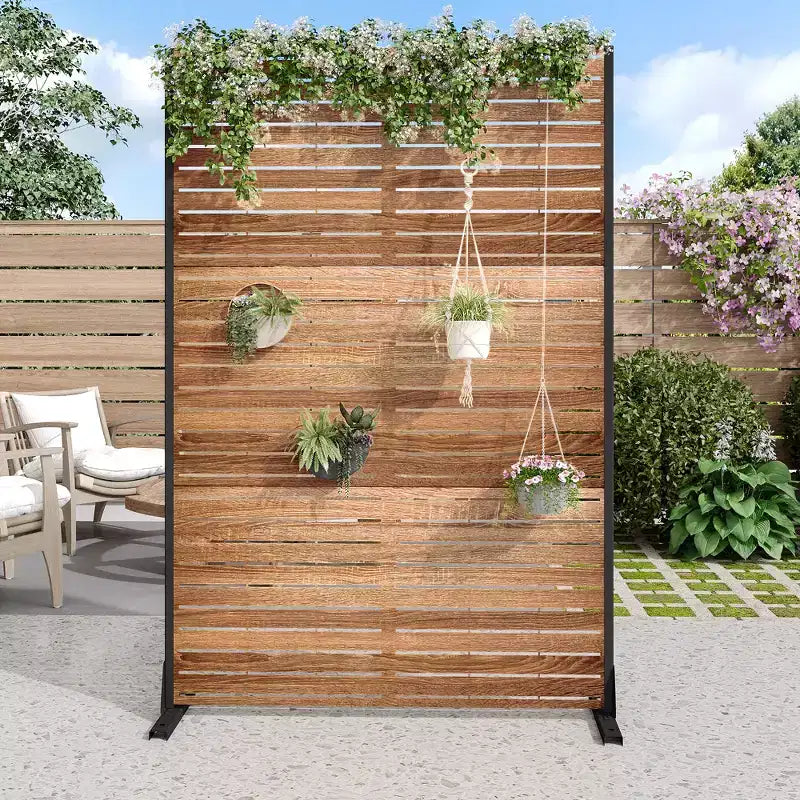 MAYEERTY Paravent de 183 cm avec Cadre Galvanisé, Séparateur de Pièce Effet Bois, Brise-vue, Clôture de Jardin, Patio Beige