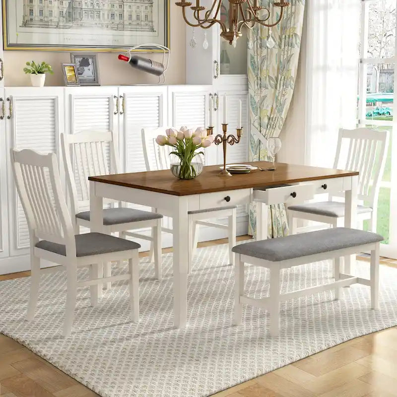 Ensemble de salle à manger 6 pièces en bois avec 4 chaises et un banc, table avec tiroir