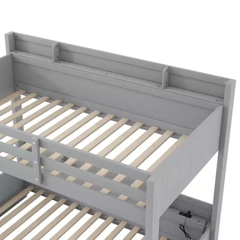 Lit superposé double sur toute la longueur avec rangement, lumières LED et station de charge, lit superposé en bois avec étagères latérales pour enfants et adolescents