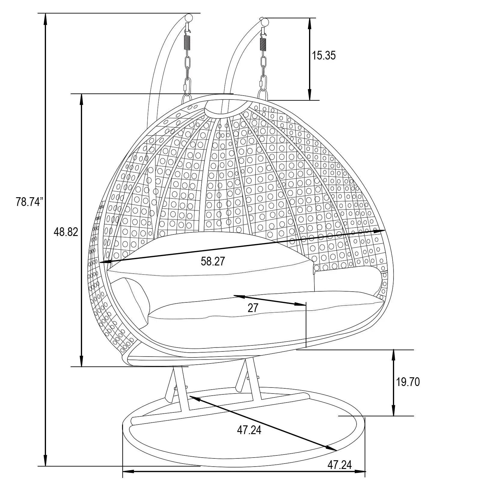 LeisureMod Fauteuil suspendu œuf 2 places avec support - Balançoire / hamac de patio en rotin osier pour extérieur/intérieur avec coussins