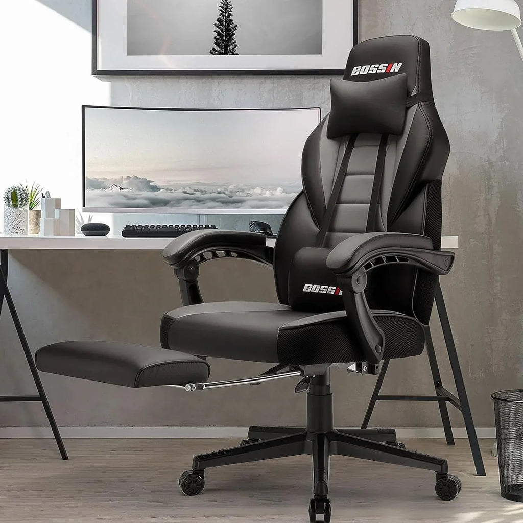 Chaise de jeu style course BOSSIN, fauteuil gamer grande taille 300 lb, chaise d'ordinateur à dossier haut