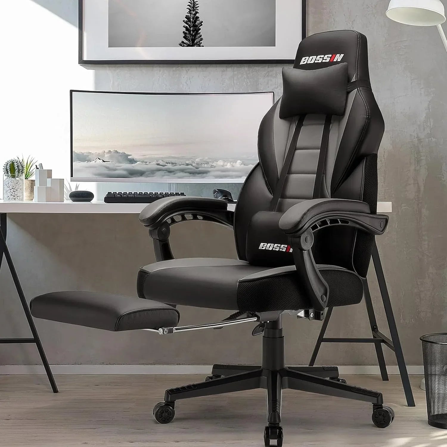 Chaise de jeu style course BOSSIN, fauteuil gamer grande taille 300 lb, chaise d'ordinateur à dossier haut
