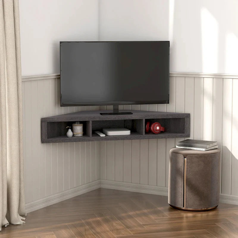 Meuble TV d'angle flottant de 119 cm, 3 étagères, style transitionnel, fixation murale gain de place
