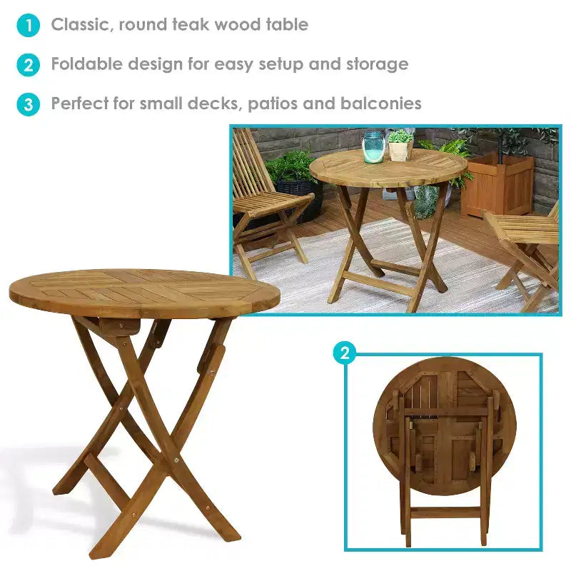 Table de salle à manger d'extérieur ronde Sunnydaze en bois de teck massif, finition teintée claire - 32 po - Brun clair