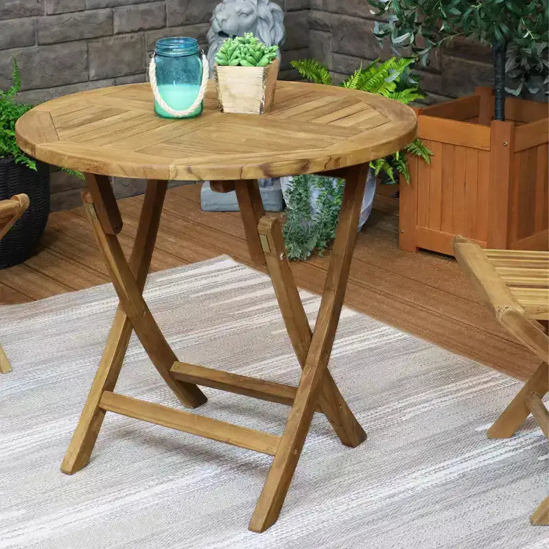 Table de salle à manger d'extérieur ronde Sunnydaze en bois de teck massif, finition teintée claire - 32 po - Brun clair