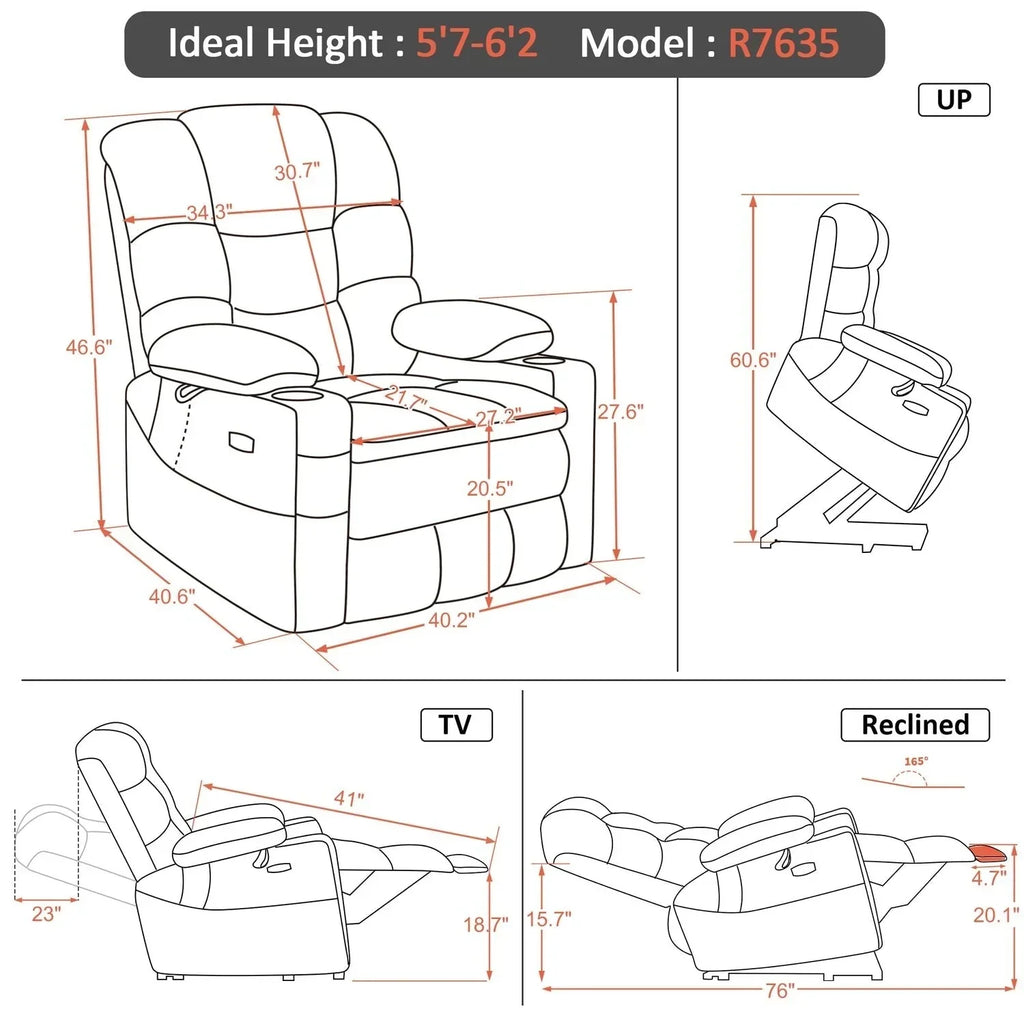 Fauteuil inclinable électrique double moteur grand et large MCombo avec massage et double chauffage pour personnes âgées de grande taille, tissu R7635