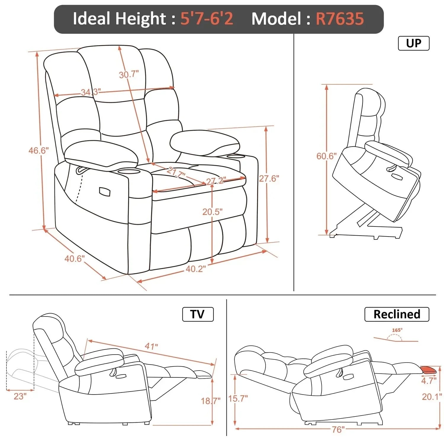 Fauteuil inclinable électrique double moteur grand et large MCombo avec massage et double chauffage pour personnes âgées de grande taille, tissu R7635