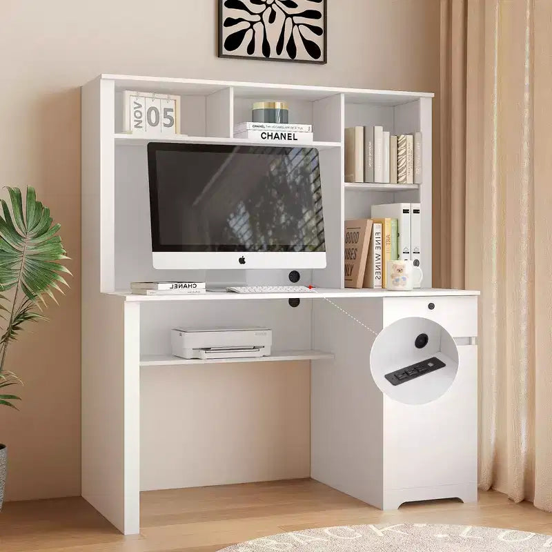 Bureau informatique moderne de 130 cm avec huche et étagère, bureau avec grand rangement, bureau d'écriture pour l'étude, salle de lecture