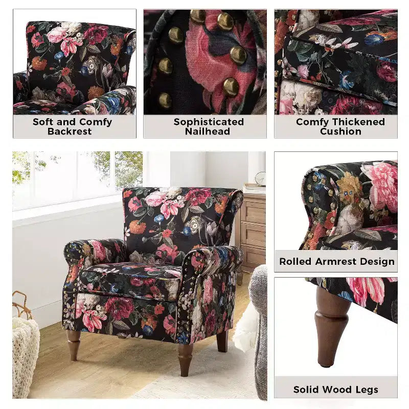 Fauteuil en bois traditionnel Araceli, rembourré à motifs floraux, avec dossier à oreilles et garniture cloutée | ART OF LIVING DESIGNS