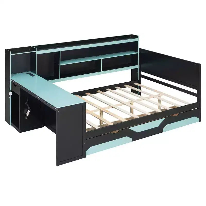 Lit de repos de jeu double/grand avec tête de lit bibliothèque, lumières LED, bureau intégré, tiroirs et station de charge