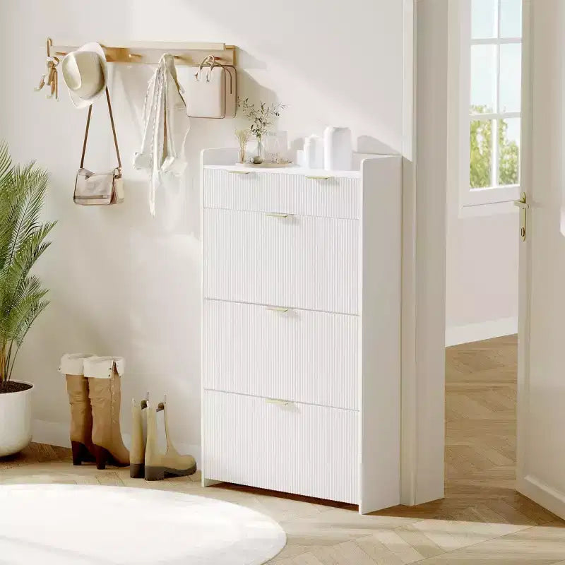 Meuble à chaussures moderne blanc avec 3 tiroirs basculants et 2 petits tiroirs et crochet, organiseur de rangement à chaussures fin cannelé, meuble d'entrée étroit